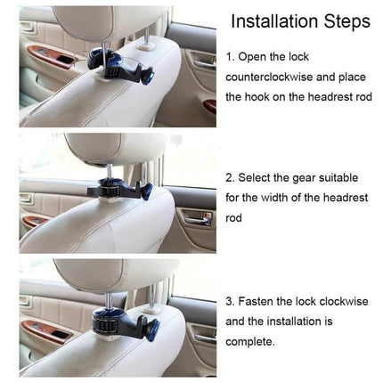 Headrest Magnetic Car Phone Holder for Hands Free Use showing installation steps mounted on headrest rod in a car rear-seat setup