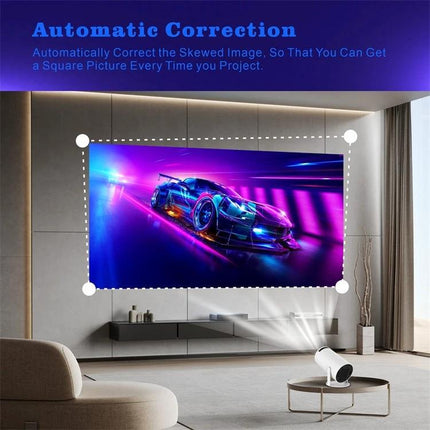Portable Smart Projector for Easy Wireless Screen Sharing projecting a vivid car racing scene with automatic correction in a modern living room