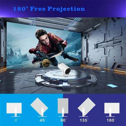 Portable Smart Projector for Easy Wireless Screen Sharing showing 180° free projection with movie scene and adjustable angles
