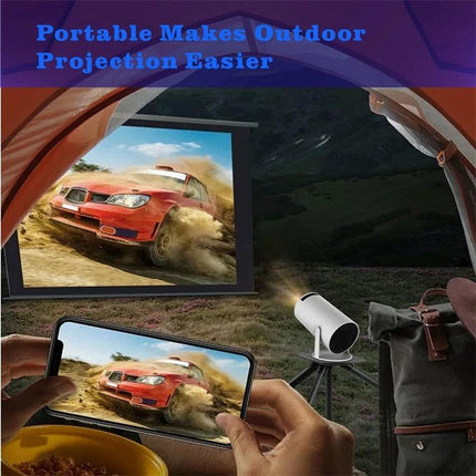 Portable Smart Projector for Easy Wireless Screen Sharing showing outdoor tent setup with phone mirroring a car race on projection screen