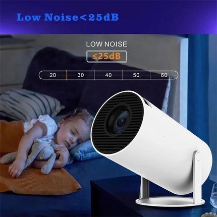 Portable Smart Projector for Easy Wireless Screen Sharing showing low noise ≤25dB with child sleeping — compact white projector for home and office