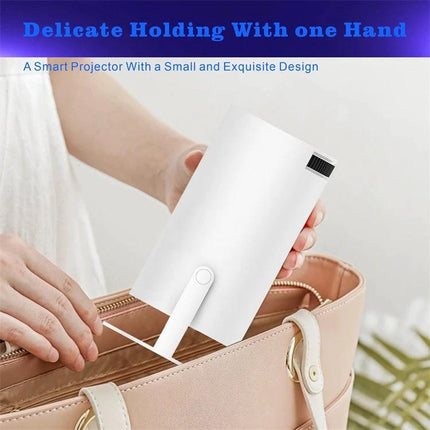 Portable Smart Projector for Easy Wireless Screen Sharing shown being placed into a handbag, compact one‑handed design