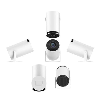 Portable Smart Projector for Easy Wireless Screen Sharing showing multiple angles of a compact white portable smart projector