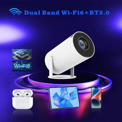 Portable Smart Projector for Easy Wireless Screen Sharing - compact white projector showing dual-band Wi-Fi6 and BT5.0 for home and office use
