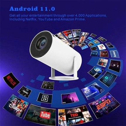 Portable Smart Projector for Easy Wireless Screen Sharing white portable projector surrounded by streaming app icons