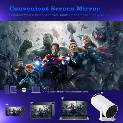 Portable Smart Projector for Easy Wireless Screen Sharing showing movie streaming from phone tablet and laptop for home and office use