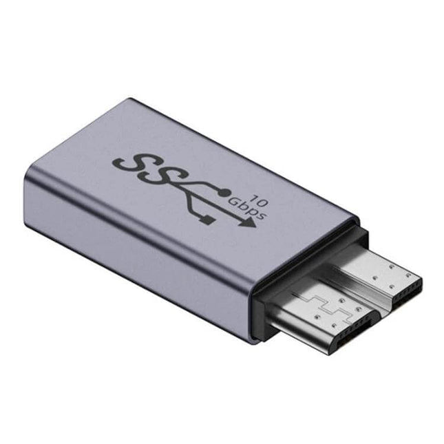 Versatile Micro B USB Adapter for HDD Enclosure Connections showing compact metallic Micro B to USB interface for fast 10Gbps HDD transfer