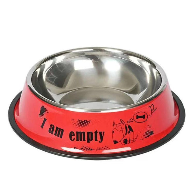 Practical Stainless Steel Pet Bowl for Everyday Pet Feeding at Home - red non-slip stainless bowl with "I am empty" print