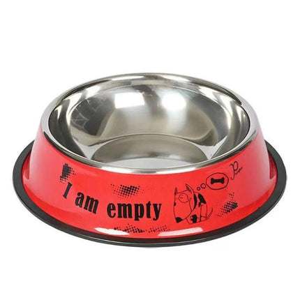 Practical Stainless Steel Pet Bowl for Everyday Pet Feeding at Home - red non-slip stainless steel pet bowl with "I am empty" print