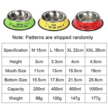 Practical Stainless Steel Pet Bowl for Everyday Pet Feeding at Home - non-slip colorful rim sizes M-L-XL-XXL, stainless inner bowl, capacity chart
