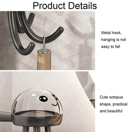 Six Claw 360 Degree Rotating Hook Rack For Kitchen Storage - cute octopus ABS wall-mounted 360° rotating organizer with six metal hooks, no-drill adhesive