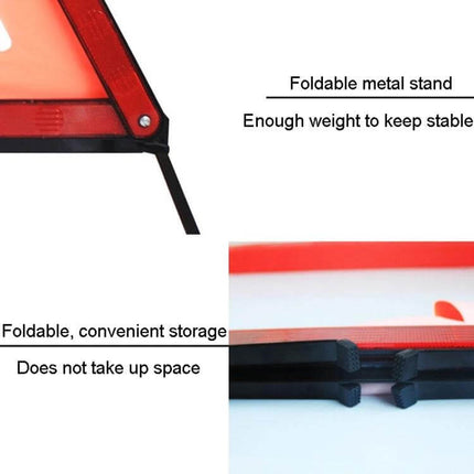 Foldable Reflective Emergency Warning Triangle for Vehicles showing foldable metal stand, durable plastic/iron base and compact storage