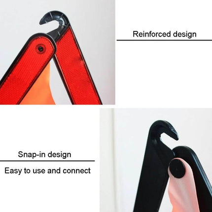 Foldable Reflective Emergency Warning Triangle for Vehicles showing reinforced snap-in hinge and hook design for easy setup and stability