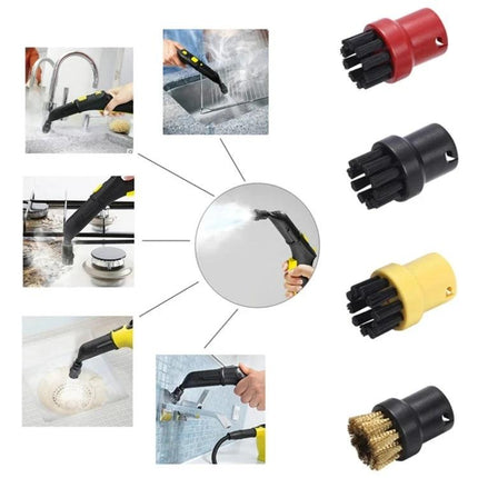 Karcher Compatible Steam Brush Heads for Household Cleaning Tasks showing red black yellow brushes and usage on sinks faucets drains tiles