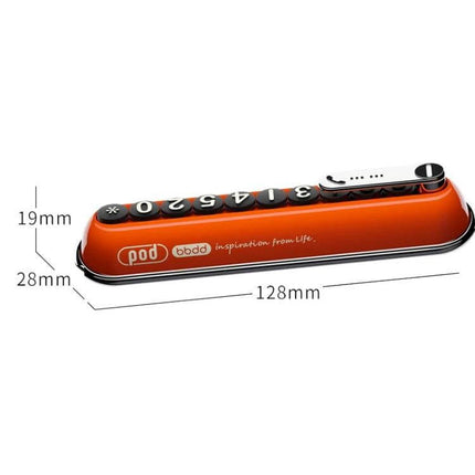 Bbdd Pod Privacy Parking Plate For Hidden License Card compact orange ABS+PC plate with removable number dials and dimensions shown