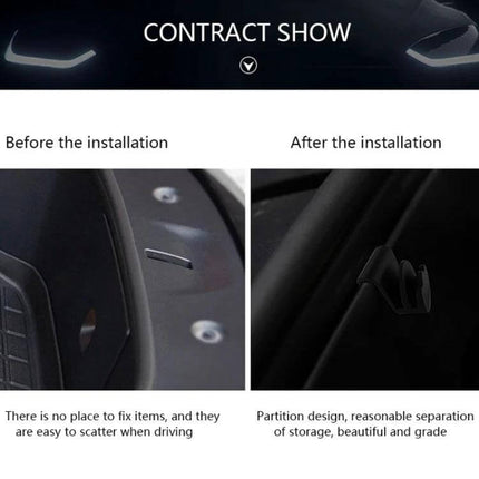 Front Trunk Storage Hook For Tesla Model Y Keeps Trunk Organized - before and after installation showing ABS hook securing items in frunk