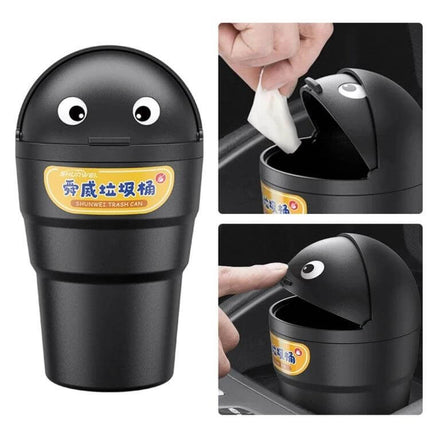 Universal Car Trash Can for Cup Holder Keeps Vehicle Clean on Road - black cup-shaped car trash can with snap-on flip lid and emoji eyes