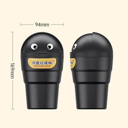 Universal Car Trash Can for Cup Holder Keeps Vehicle Clean on Road - black cup-shaped car trash bin with flip lid, 169mm x 94mm, fits cup holders