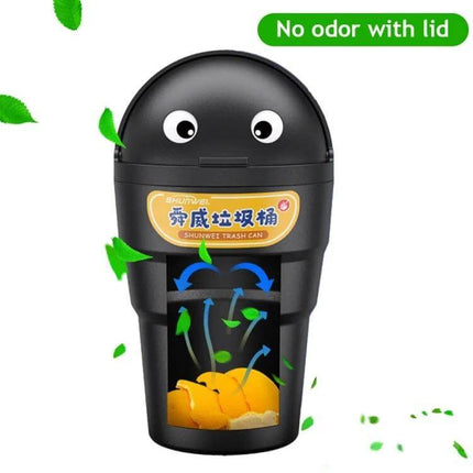 Universal Car Trash Can for Cup Holder Keeps Vehicle Clean on Road - black cup-shaped car trash can with snap-on lid and odor control