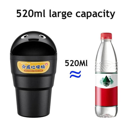 Universal Car Trash Can for Cup Holder Keeps Vehicle Clean on Road black 520ml cup-shaped car trash can next to water bottle showing capacity