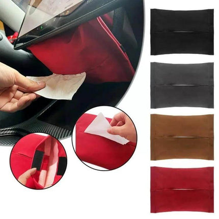 Tesla Model 3 Y Center Console Tissue Box Black Keeps Tissues Handy - black suede console tissue holder under screen, buckled, easy-reach tissues