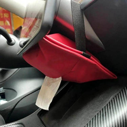 Tesla Model 3 Y Center Console Tissue Box Black Keeps Tissues Handy – red suede tissue holder installed under screen, buckled for easy reach