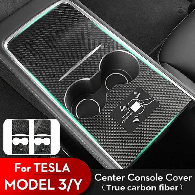 Tesla Center Panel Protection Film Matte Carbon Fiber on Model 3/Y center console protecting cupholders and touchscreen access