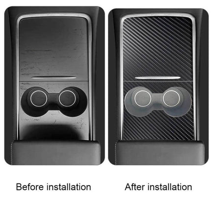 Tesla Center Panel Protection Film Matte Carbon Fiber showing before-and-after center console protection for Model 3 and Model Y