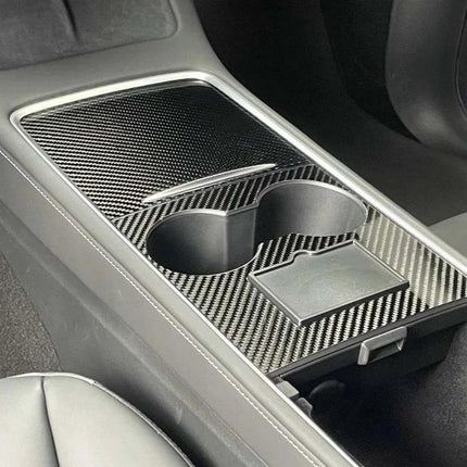 Tesla Center Panel Protection Film Matte Carbon Fiber installed on Model 3/Y center console protecting cup holders and touchscreen access