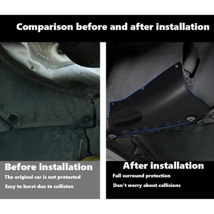 Coolant Protection Guard for Tesla Model 3 and Model Y Cars undercarriage before and after installation showing added shield
