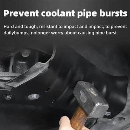 Coolant Protection Guard for Tesla Model 3 and Model Y Cars installed undercarriage view protecting coolant pipe from hammer impact