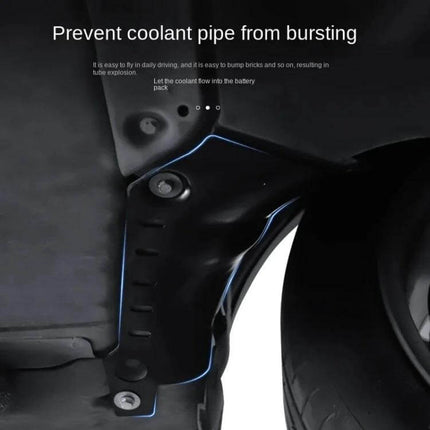 Coolant Protection Guard for Tesla Model 3 and Model Y Cars installed undercarriage shield protecting coolant pipe from rocks and impacts