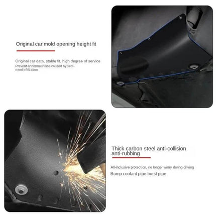 Coolant Protection Guard for Tesla Model 3 and Model Y Cars installed underbody showing splash and impact protection