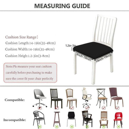 Diamond Plaid Jacquard Chair Cushion Cover 35-48cm measuring guide showing cushion size range and compatible chair types