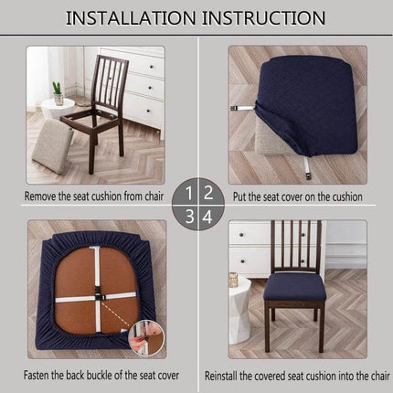 Diamond Plaid Jacquard Chair Cushion Cover 35-48cm installation steps showing cover on dining chair, waterproof polyester, buckle fastening, navy