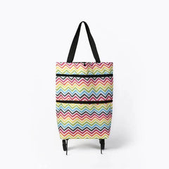 Oxford Cloth 2-In-1 Shopping Bag For Groceries And Errands - colorful chevron print wheeled tote, waterproof washable Oxford cloth, hand-carry or pull