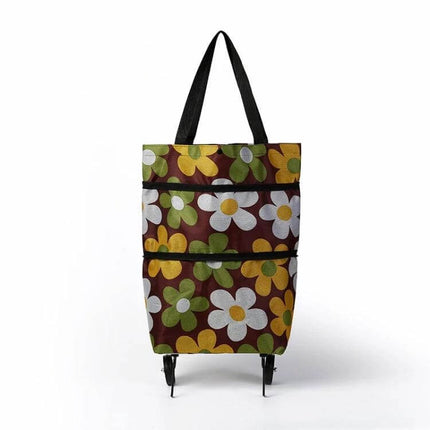 Oxford Cloth 2-In-1 Shopping Bag For Groceries And Errands floral waterproof wheeled tote with long handles, washable oxford cloth, ideal for markets and errands