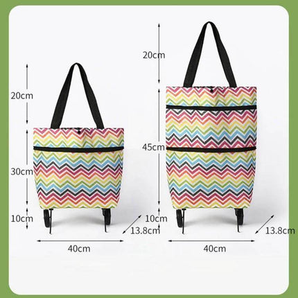 Oxford Cloth 2-In-1 Shopping Bag For Groceries And Errands with colorful chevron pattern, wheels and tote handles, waterproof washable design, measurements shown