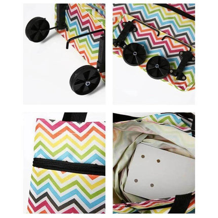 Oxford Cloth 2-In-1 Shopping Bag For Groceries And Errands - colorful chevron wheeled tote showing wheels, zipper pocket, and interior base plate