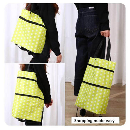 Oxford Cloth 2-In-1 Shopping Bag For Groceries And Errands yellow polka dot wheeled tote, waterproof washable, hand-carry or pull for groceries