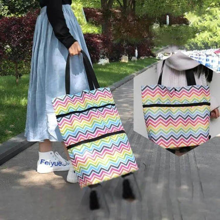 Oxford Cloth 2-In-1 Shopping Bag For Groceries And Errands - Colorful Chevron Waterproof Rolling Tote