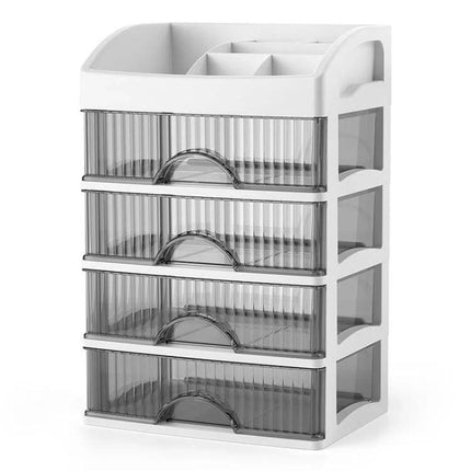 Desktop Drawer Organizer Five Layer White for Cosmetics and Jewelry - clear five-drawer desktop organizer with top compartment for makeup, brushes, jewelry