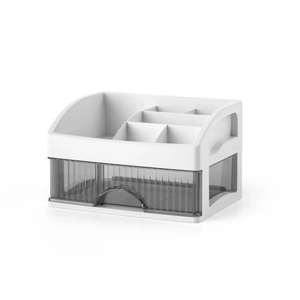 Desktop Drawer Organizer Five Layer White for Cosmetics and Jewelry – clear five-layer cosmetic and jewelry storage with top compartments for brushes and daily essentials