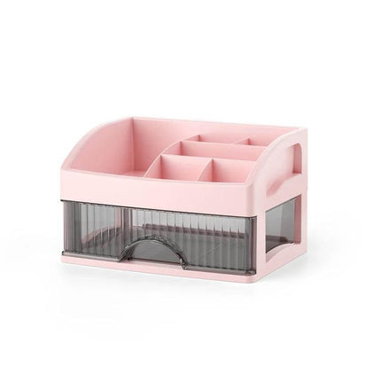 Desktop Drawer Organizer Five Layer White for Cosmetics and Jewelry - pink top with clear front drawer holding makeup, brushes, and jewelry