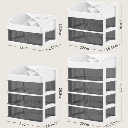 Desktop Drawer Organizer Five Layer White for Cosmetics and Jewelry - clear stacked drawers with top compartment for makeup brushes, jewelry, and small accessories
