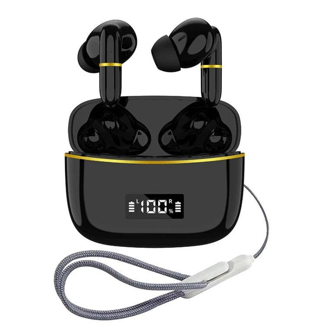 J2 Wireless In Ear Earphones With Charging Case For Commuting sleek black earbuds with digital charging case and lanyard