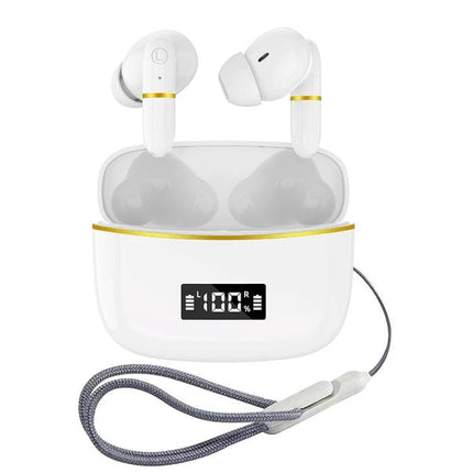 J2 Wireless In Ear Earphones With Charging Case For Commuting white earbuds with digital display and lanyard for travel