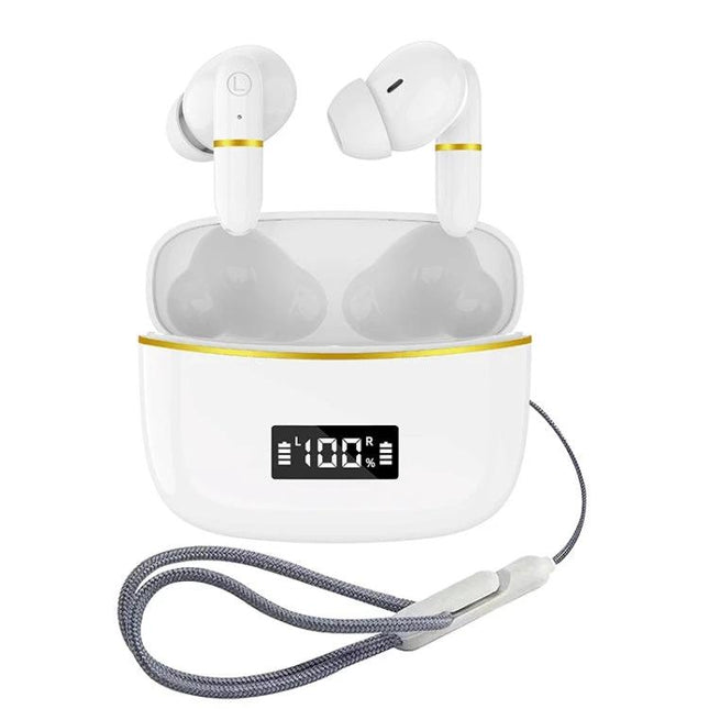 J2 Wireless In Ear Earphones With Charging Case For Commuting white earbuds with digital display and lanyard for travel