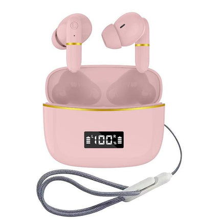 J2 Wireless In Ear Earphones With Charging Case For Commuting pink earbuds with digital display and wrist strap