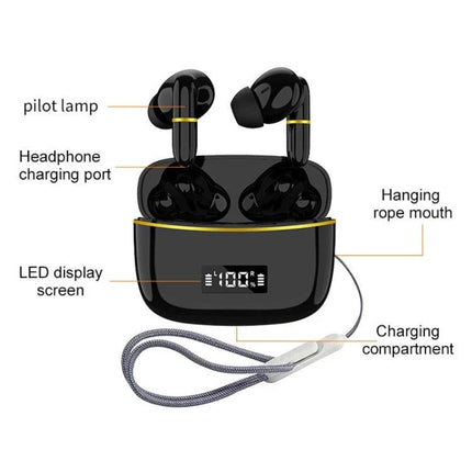 J2 Wireless In Ear Earphones With Charging Case For Commuting sleek black earbuds with LED charging case and lanyard